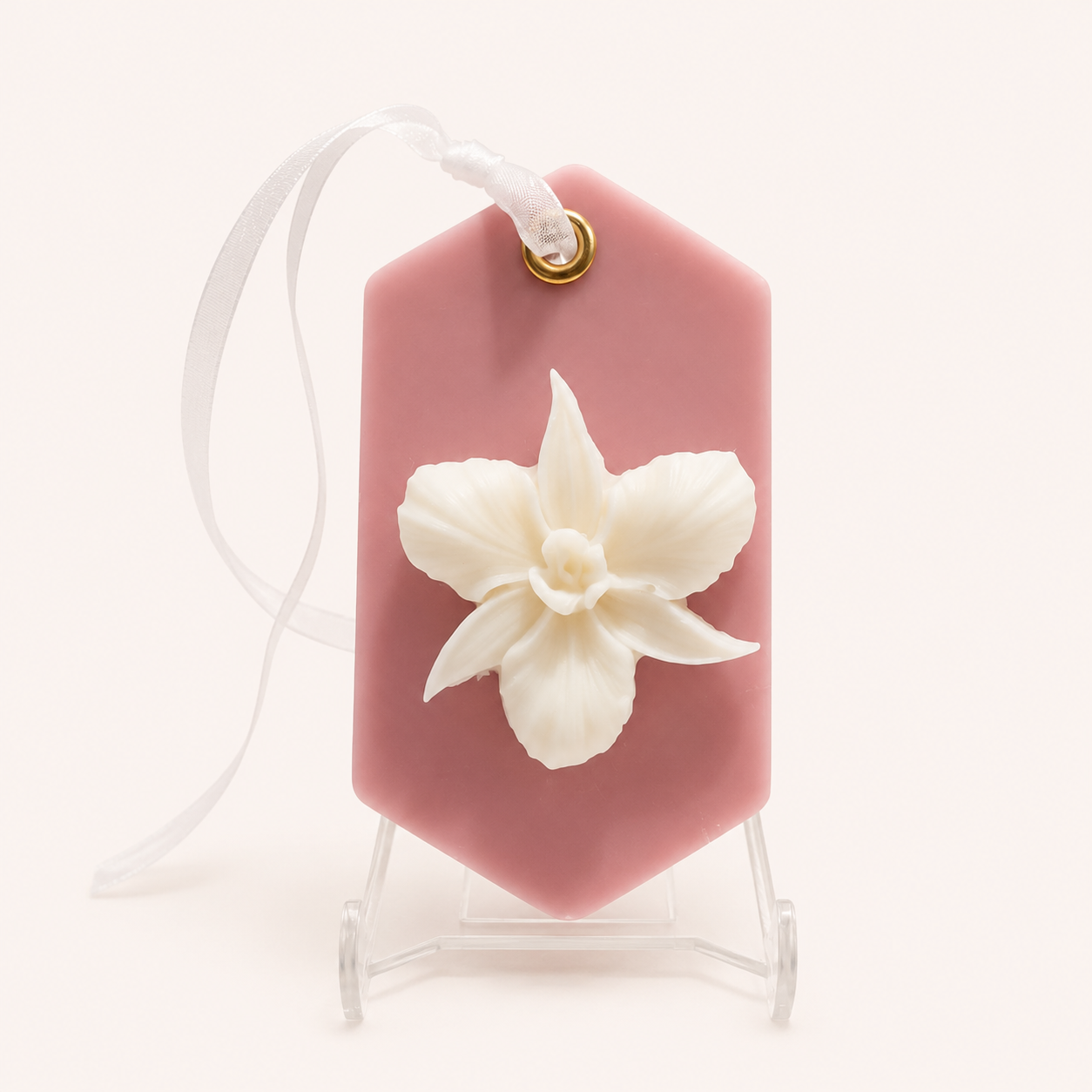 Ambientador hexagonal rosa com orquídea em cera