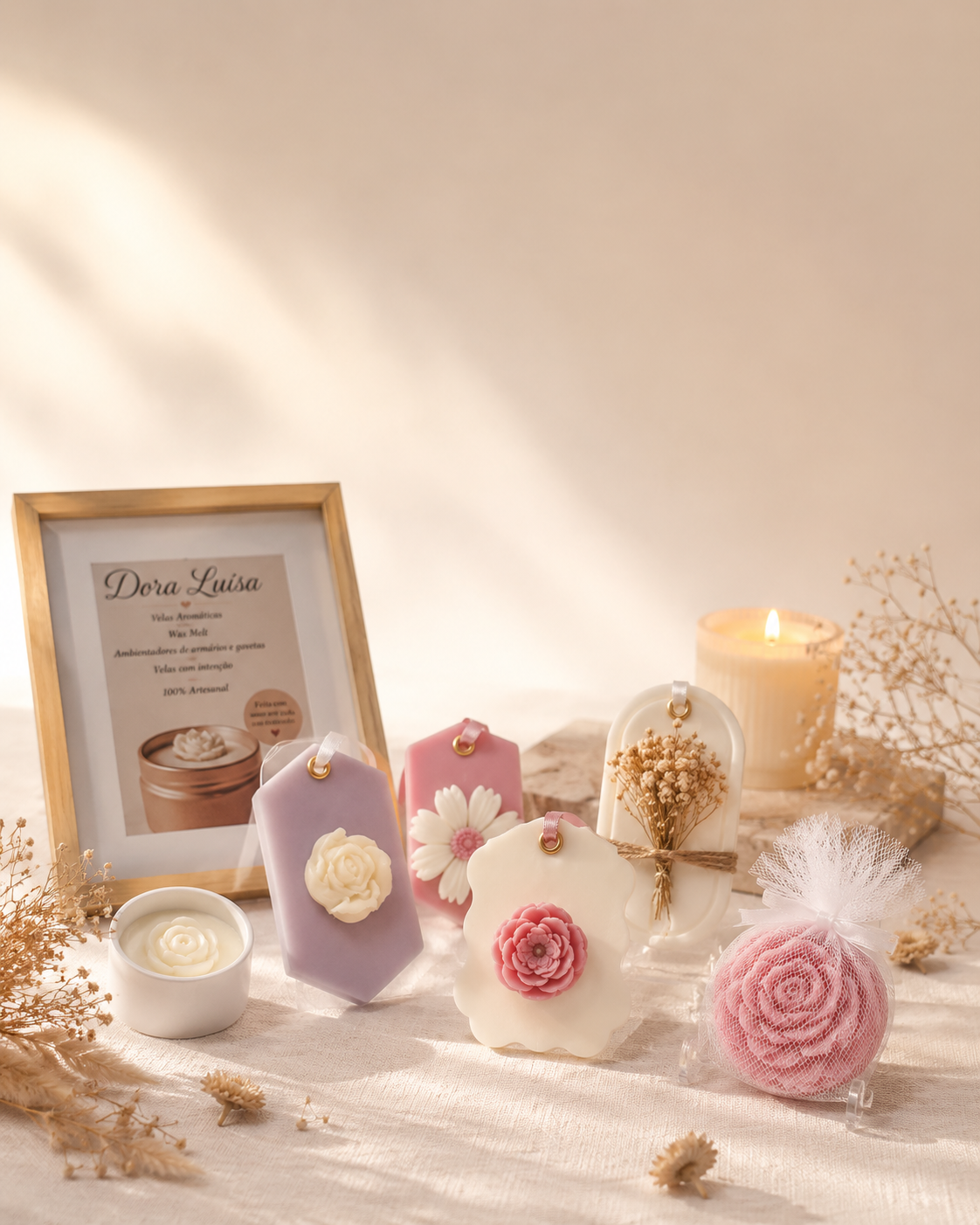 Produtos Dora Luísa em cena: ambientadores de cera com flores, vela acesa e quadro da marca em luz quente